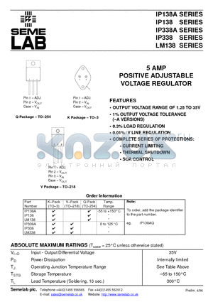 IP338 datasheet - 5 AMP POSITIVE ADJUSTABLE VOLTAGE REGULATOR