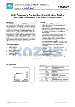 EM4022V14WS11 datasheet - Multi Frequency Contactless Identification Device Anti-Collision compatible with BTG Supertag Category Protocols