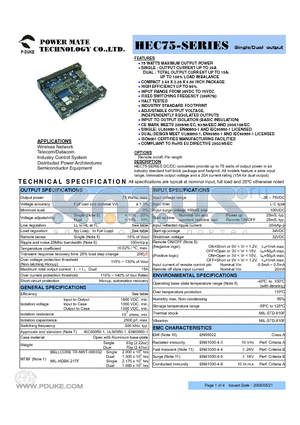 HEC75-48D3318 datasheet - Single/Dual output