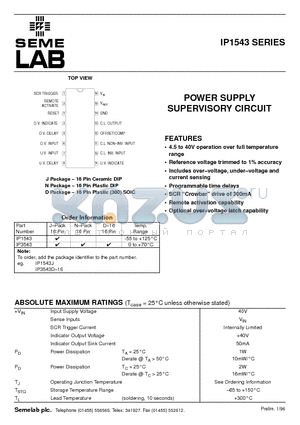 IP3543 datasheet - POWER SUPPLY SUPERVISORY CIRCUIT