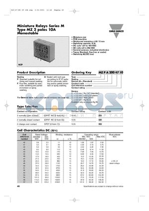 MZFA0024610A datasheet - Miniature Relays Series M Type MZ 2 poles 10A Monostable