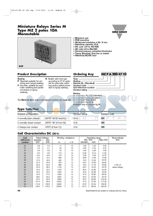 MZFA0024810A datasheet - Miniature Relays Series M Type MZ 2 poles 10A Monostable