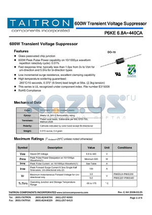 P6KE13CA datasheet - 600W Transient Voltage Suppressor