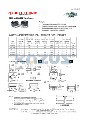 PT544-1 datasheet - ADSL and RADSL Transformers