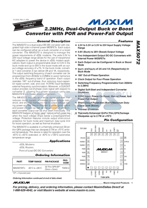 MAX5072ATJ+ datasheet - 2.2MHz, Dual-Output Buck or Boost Converter with POR and Power-Fail Output