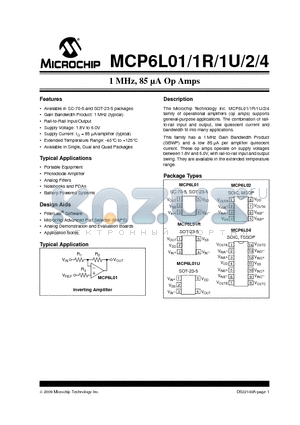 MCP6L01R datasheet - 1 MHz, 85 lA Op Amps