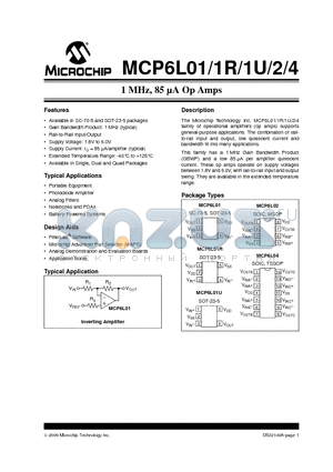 MCP6L01RT-E/SN datasheet - 1 MHz, 85 lA Op Amps