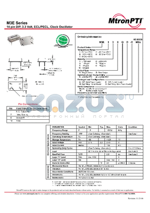 M3E11XQA datasheet - 14 pin DIP, 3.3 Volt, ECL/PECL, Clock Oscillator