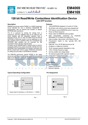EM4069A5CI2LB datasheet - 128 bit Read/Write Contactless Identification Device with OTP function