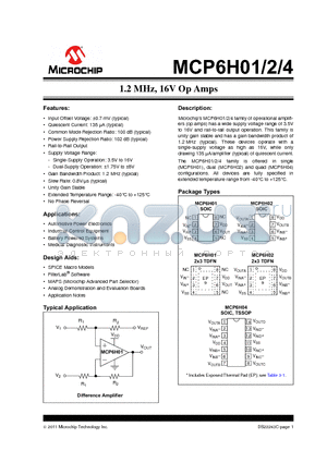 MCP6H04 datasheet - 1.2 MHz, 16V Op Amps Input Offset Voltage: a0.7 mV (typical)