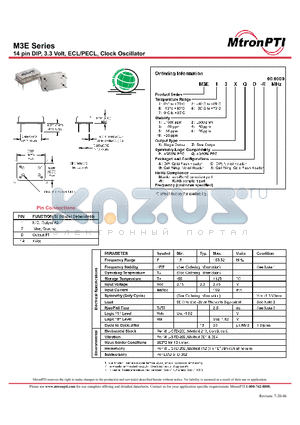 M3E11ZQD datasheet - 14 pin DIP, 3.3 Volt, ECL/PECL, Clock Oscillator