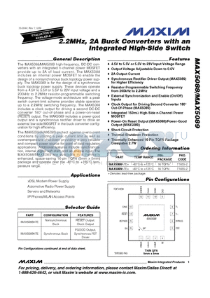 MAX5088 datasheet - 2.2MHz, 2A Buck Converters with an Integrated High-Side Switch