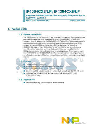 IP4064CX8LF datasheet - Integrated SIM card passive filter array with ESD protection to IEC61000-4-2, level 4