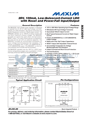 MAX5091AASA+ datasheet - 28V, 100mA, Low-Quiescent-Current LDO with Reset and Power-Fail Input/Output