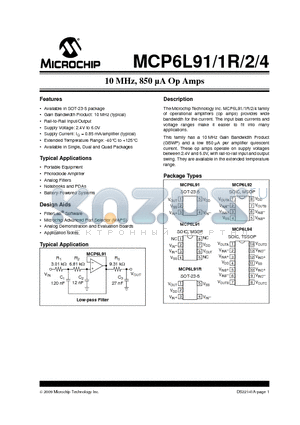 MCP6L91T-E/SN datasheet - 10 MHz, 850 lA Op Amps