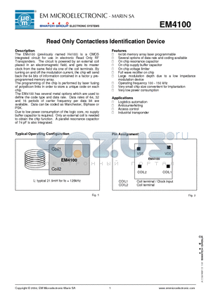 EM4100A5WS27 datasheet - Read Only Contactless Identification Device