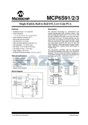 MCP6S92 datasheet - Single-Ended, Rail-to-Rail I/O, Low-Gain PGA