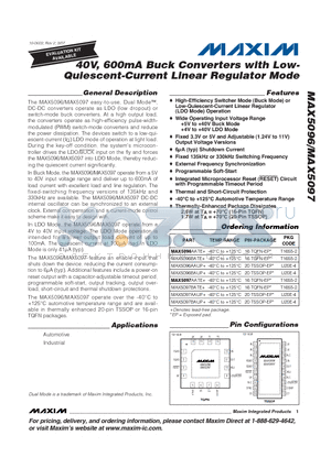 MAX5096 datasheet - 40V, 600mA Buck Converters with Low- Quiescent-Current Linear Regulator Mode