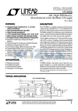 LTC4006 datasheet - 4A, High Efficiency, Standalone Li-Ion Battery Charger