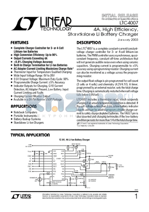 LTC4007EGN datasheet - 4A, High Efficiency, Standalone Li Battery Charger