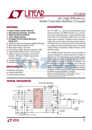 LTC4008EGN-1 datasheet - 4A, High Efficiency, Multi-Chemistry Battery Charger