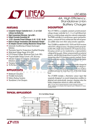 LTC4006EGN-4 datasheet - 4A, High Efficiency, Standalone Li-Ion Battery Charger