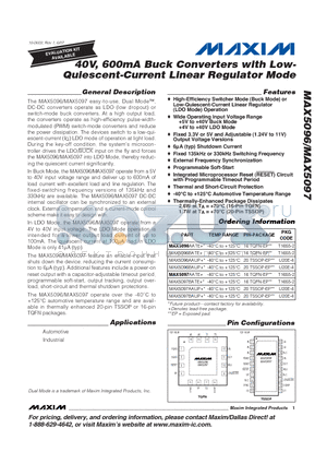MAX5097BATE+ datasheet - 40V, 600mA Buck Converters with Low-Quiescent-Current Linear Regulator Mode