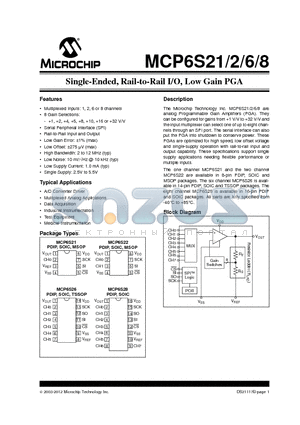 MCP6S26 datasheet - Single-Ended, Rail-to-Rail I/O, Low Gain PGA
