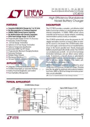 LTC4010 datasheet - High Efficiency Standalone Nickel Battery Charger