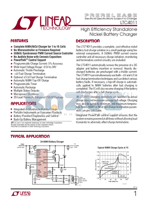 LTC4011 datasheet - High Efficiency Standalone Nickel Battery Charger