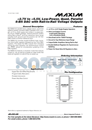 MAX5100BEUP datasheet - 2.7V to 5.5V, Low-Power, Quad, Parallel 8-Bit DAC with Rail-to-Rail Voltage Outputs