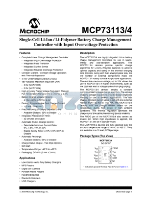 MCP73113-06SI/MF datasheet - Single-Cell Li-Ion / Li-Polymer Battery Charge Management Controller with Input Overvoltage Protection