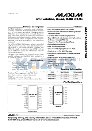 MAX5106 datasheet - Nonvolatile, Quad, 8-Bit DACs