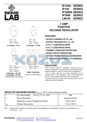 IP7812AK datasheet - 1 AMP POSITIVE VOLTAGE REGULATOR