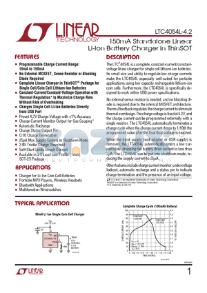 LTC4054L datasheet - 150mA Standalone Linear Li-Ion Battery Charger in ThinSOT
