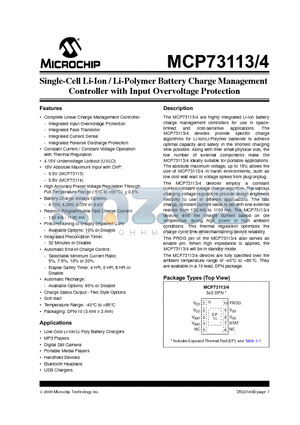 MCP73114T datasheet - Single-Cell Li-Ion / Li-Polymer Battery Charge Management Controller with Input Overvoltage Protection