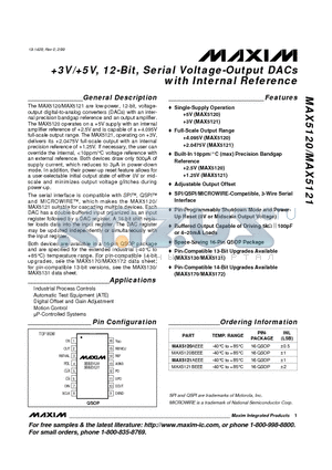 MAX5120 datasheet - 3V/5V, 12-Bit, Serial Voltage-Output DACs with Internal Reference