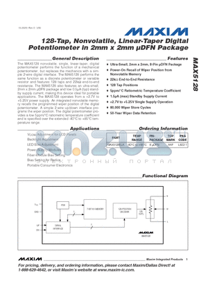 MAX5128 datasheet - 128-Tap, Nonvolatile, Linear-Taper Digital Potentiometer in 2mm x 2mm uDFN Package
