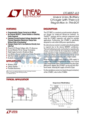 LTC4057-4.2 datasheet - Linear Li-Ion Battery Charger with Thermal Regulation in ThinSOT