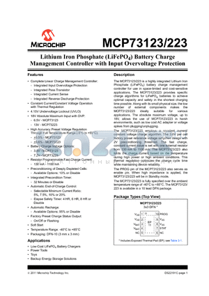 MCP73123_11 datasheet - Lithium Iron Phosphate (LiFePO4) Battery Charge Management Controller with Input Overvoltage Protection