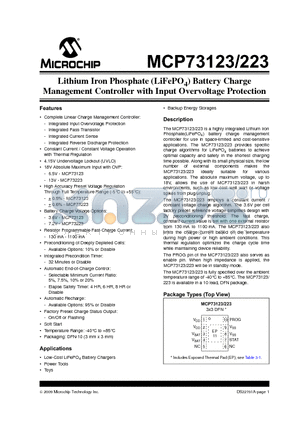MCP73223T-22SI/MF datasheet - Lithium Iron Phosphate (LiFePO4) Battery Charge Management Controller with Input Overvoltage Protection