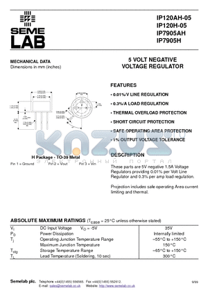 IP7905AH datasheet - 5 VOLT NEGATIVE VOLTAGE REGULATOR