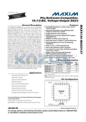 MAX5134AGTG+ datasheet - Pin-/Software-Compatible, 16-/12-Bit, Voltage-Output DACs