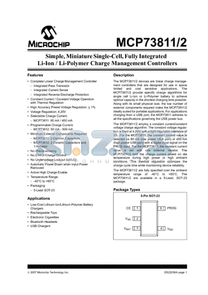 MCP73811 datasheet - Simple, Miniature Single-Cell, Fully Integrated Li-Ion / Li-Polymer Charge Management Controllers