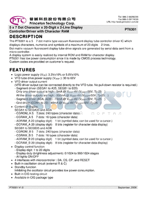 PT6301_10 datasheet - 5 x 7 Dot Character x 20-Digit x 2-Line Display Controller/Driver with Character RAM