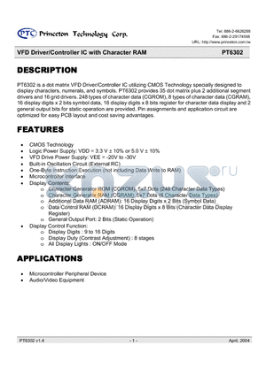 PT6302-R-001 datasheet - VFD Driver/Controller IC with Character RAM