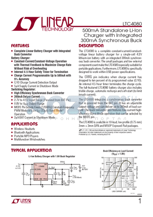 LTC4080 datasheet - 500mA Standalone Li-Ion Charger with Integrated 300mA Synchronous Buck