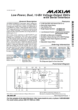 MAX5151BEEE datasheet - Low-Power, Dual, 13-Bit Voltage-Output DACs with Serial Interface