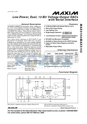 MAX5154AEPE datasheet - Low-Power, Dual, 12-Bit Voltage-Output DACs with Serial Interface