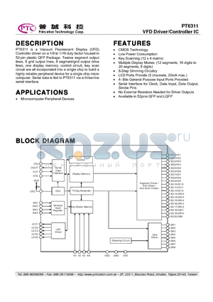 PT6311 datasheet - VFD Driver/Controller IC